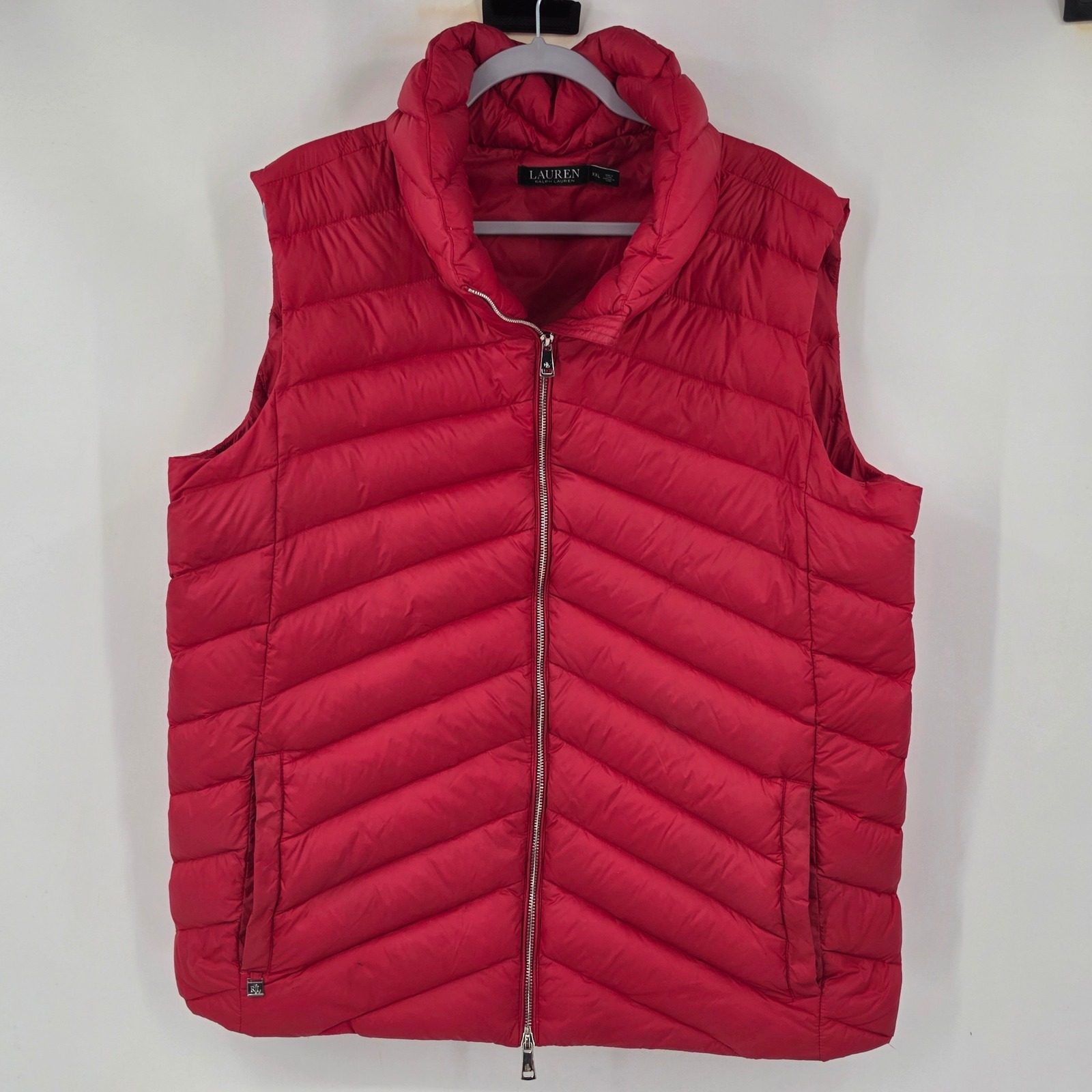 Lauren Ralph Lauren Womens Xxl Red Quilted Down Puffer Vest Chevron Full Zip
